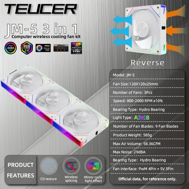 TEUCER JM-5 3-in-1 ARGB PC 팬 800-2000RPM 케이스 240 360 수냉 라디에이터 무선 냉각 키트와 호환 가능, 01 White Reverse, 01 As shown, 01 A-RGB