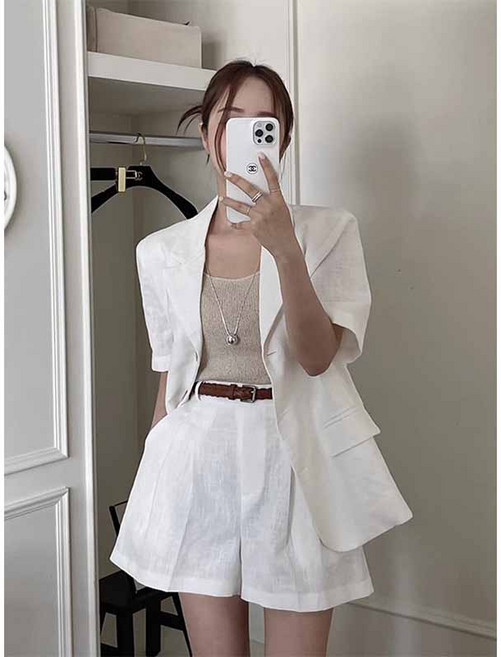 여름 여자 정장 투피스 빈티지 기질 얇은 반팔 정장 코트 루즈핏 와이드 반바지 여성 캐주얼 세트 LCL