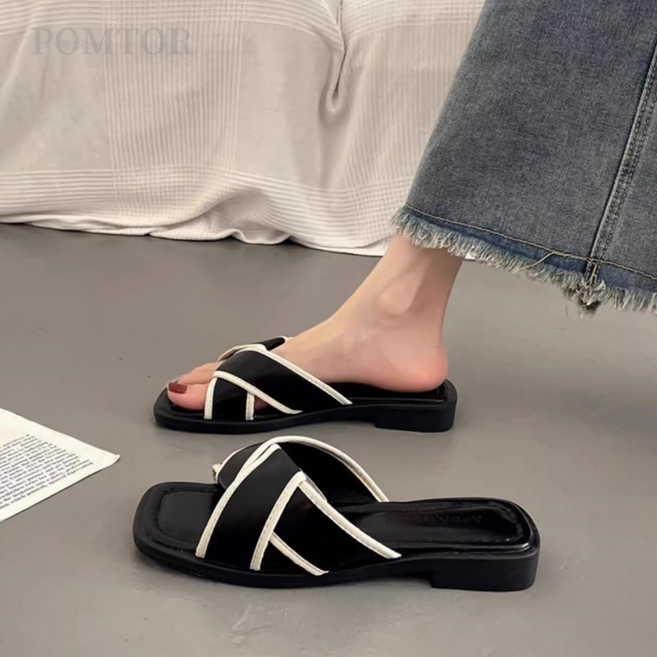 POMTOR 여성 데일리 휴양지 슬리퍼 뮬 여름슬리퍼 플랫슈즈 발편한 여름 샌들