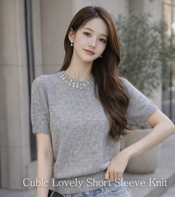 J2 STYLE 큐빅 러블리 반팔 니트