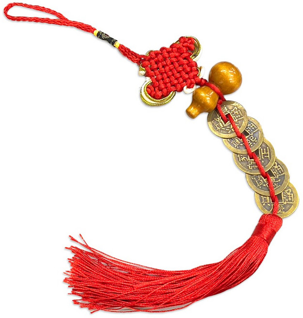 五帝錢吊飾 居家風水掛飾 順治康熙雍正乾隆嘉慶銅錢, 1個, 紅色帶小葫蘆, 紅色