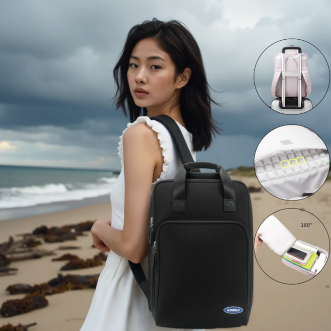 시티슬릭 180도 확장형 충격흡수 여행용 16인치 내부포켓 대용량 수납 아이패드 노트북 백팩 가방, 블랙