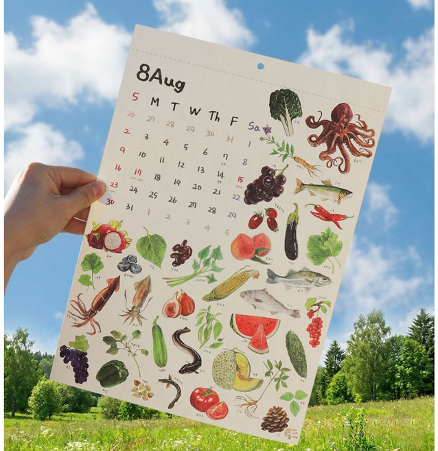 [2026년 제철 음식 달력 12개월] 낱장 감성 일러스트 캘린더 1년 카렌다 (2025년 아닙니다), 1개, 화이트톤