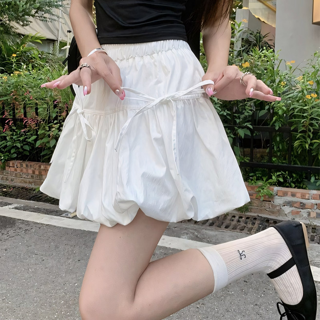 쪼예 [속바지안감] 발레코어 벌룬 리본 캉캉 밴딩 미니 스커트