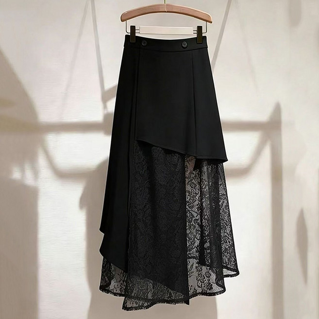 ROYALBELLE 여성 하이웨스트 언밸런스 레이스 레이어드 랩 미디 A라인 플레어 하객룩 데일리 스커트