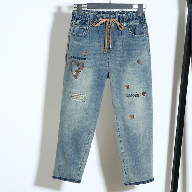 여성용 봄여름 빅사이즈 하이웨스트 스판 자수 9부 배기 청바지26dgsa03LL