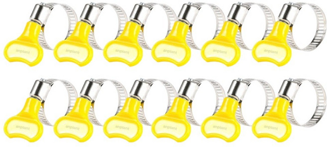 앙플랜트 옐로우 손잡이 호스밴드 나비형 16~25mm, 실버 + 옐로우, 12개