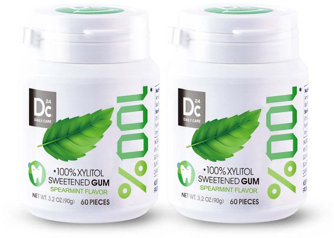 DC24 DAILY CARE 100% 자일리톨 검 아스파탐 없음 무설탕 츄잉껌 천연 스피아민트 맛 글루텐 프리 비건 60피스 2팩 180884, 60 Count (Pack of 2), 2개, 90g