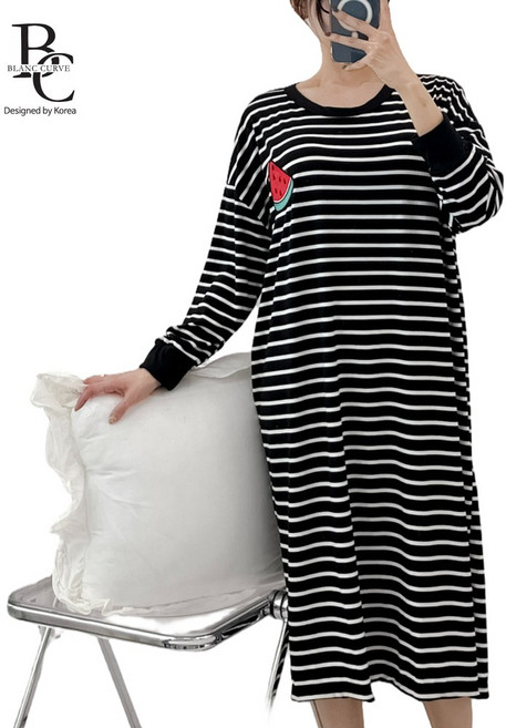 블랑커브 여성용 스트라이프 원피스 잠옷 홈웨어