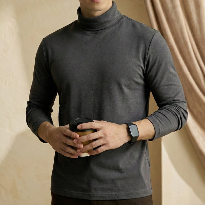 문컬렉션 남자 남성 베이직 스판 터틀넥 긴목 무지 목폴라 원목 폴라 티셔츠