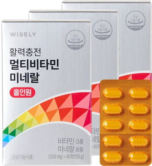 와이즐리 활력충전 멀티 비타민 미네랄 올인원, 3개, 60정 - 쿠팡