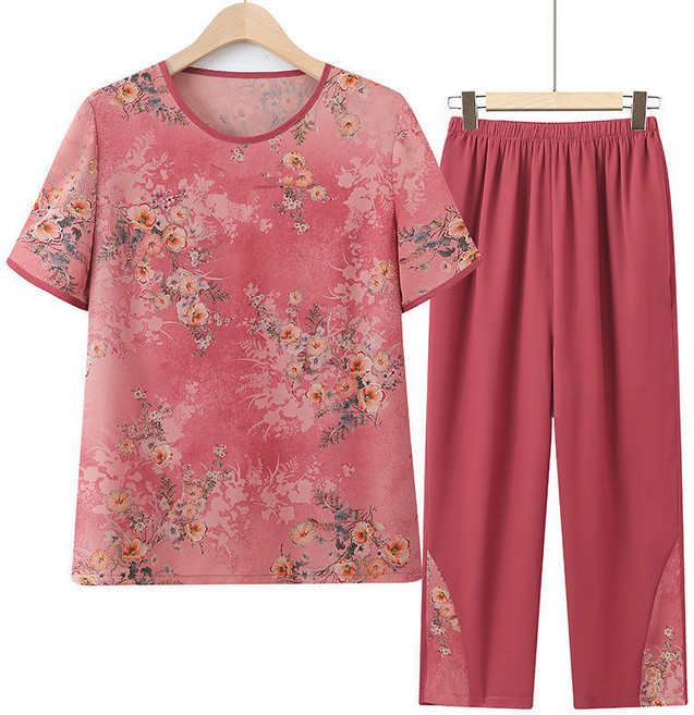 중장년 여성 투피스 세트 빅사이즈 할머니옷 반팔티 + 밴딩 바지 여름 여자 캐주얼 세트 CJJ