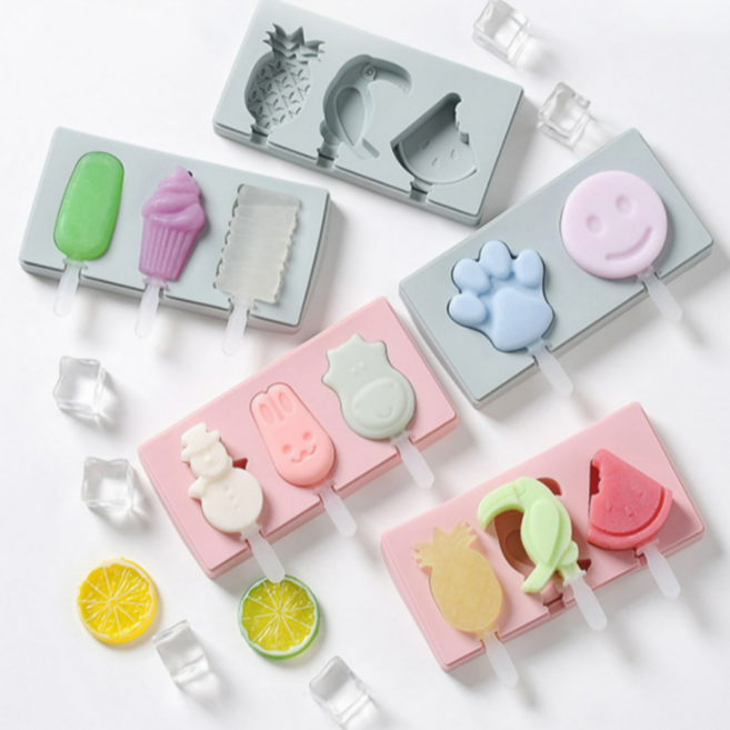 몽그리아 1+1 캐릭터 3구 아이스크림 틀 실리콘 틀 아이스 몰드, 과일3구 (파인애플+새+수박)_핑크