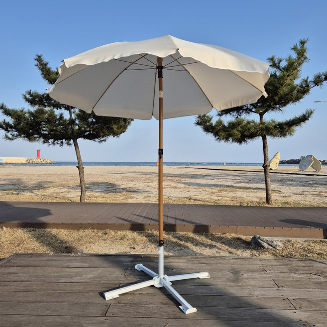 감성 스트라이프 파라솔 바다 해변 계곡 캠핑 그늘막, 단색베이지+스틸사각받침대(가방포함)+튜브형물통