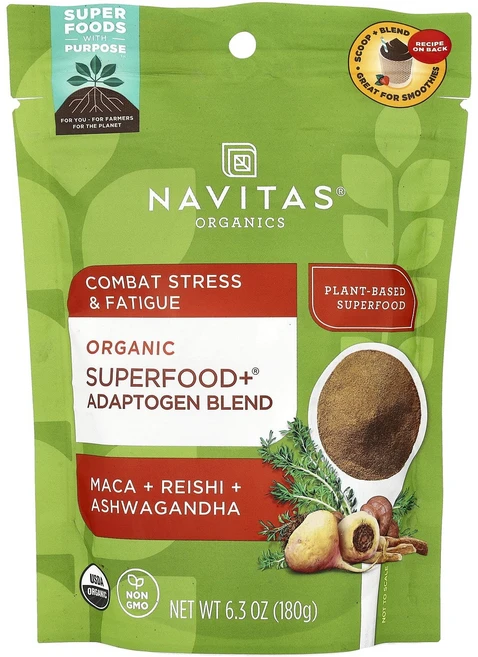 Navitas Organics 유기농 슈퍼 푸드 + 아답토젠 혼합물 마카 + 영지버섯 + 아슈와간다 180g(6.3oz), 180g, 1개 - 쿠팡