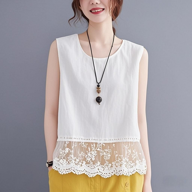 Makone 여성 순면 민소매 티셔츠 밑단 레이스 패치워크 데일리 코디 이너웨어 톱 솔리드