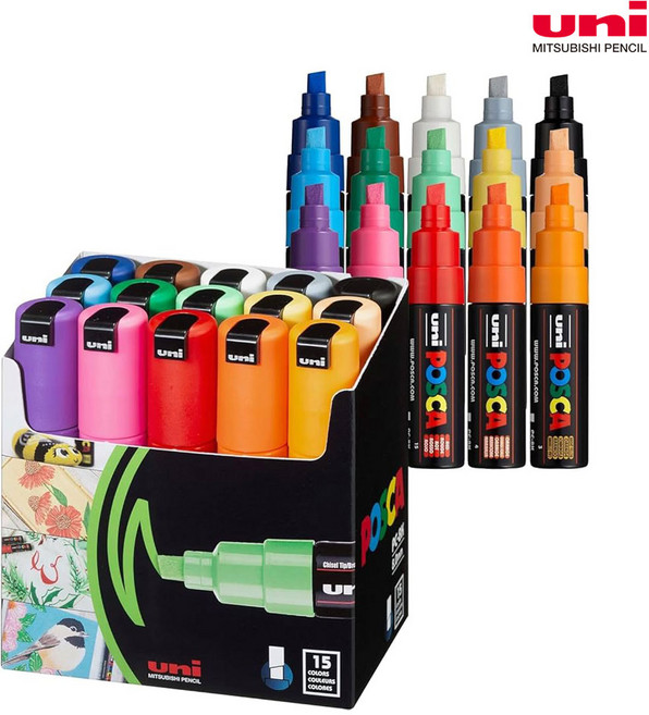 유니 포스카 마카 8K 15색세트 페인트 아크릴 형광 칼라 수성마카