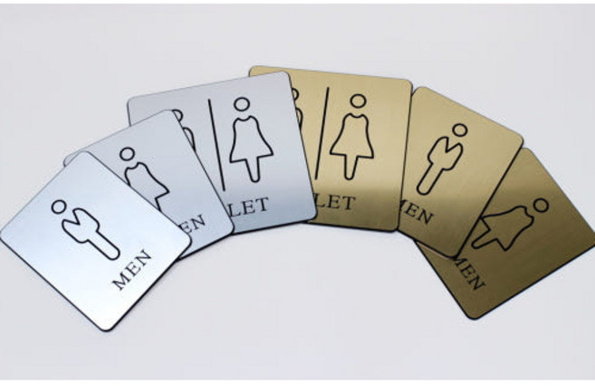 화장실 안내판 화장실 표지판 남 녀화장실 안내판 메탈 느낌의 화장실 표지판, 여, 1개, 금색헤어라인