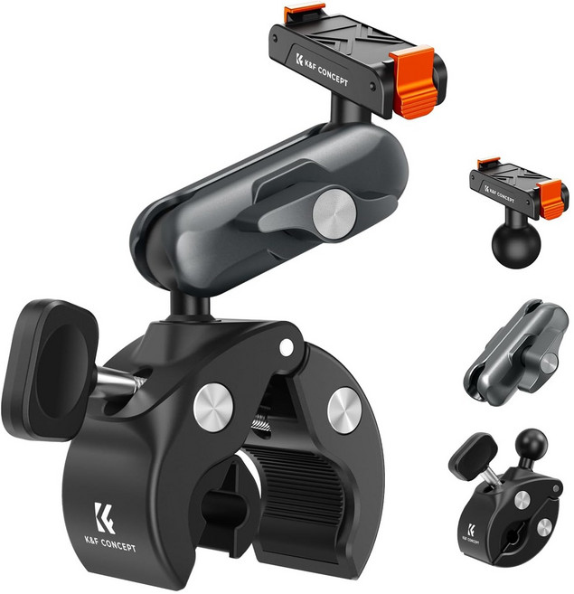 K&F 퀵 릴리즈 카메라 클램프 마운트 자전거 오토바이 핸들바 거치대 알루미늄 합금 360도 볼헤드 DJI 액션 3 4 5 프로 오즈모 360 호환 수직 항공샷 집게형 홀더, 1개, KF31.204S1