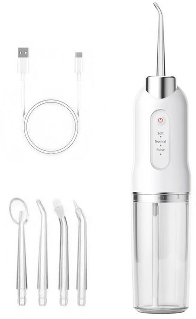 AOSS 방수 휴대용 무선 구강세정기+전용팁4종 세트, 화이트