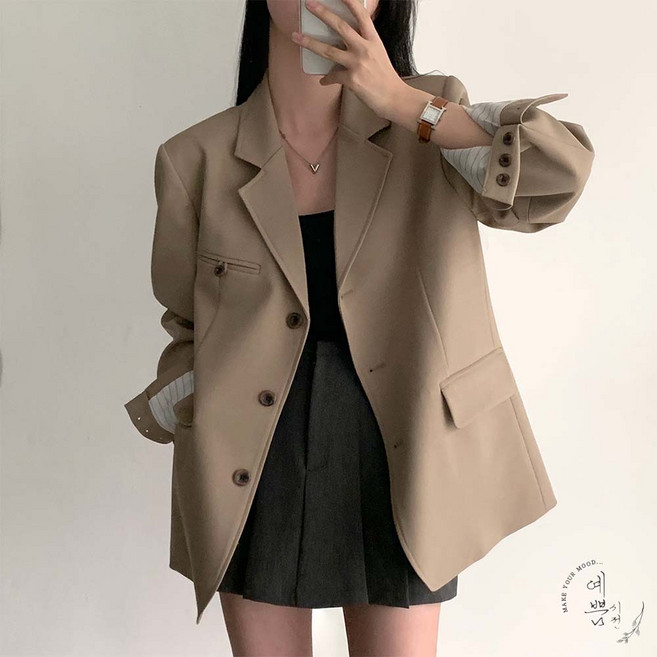 예쁨시전 시크 오피스 하객룩 봄 가을 안감 배색 하프 긴팔 정장 자켓