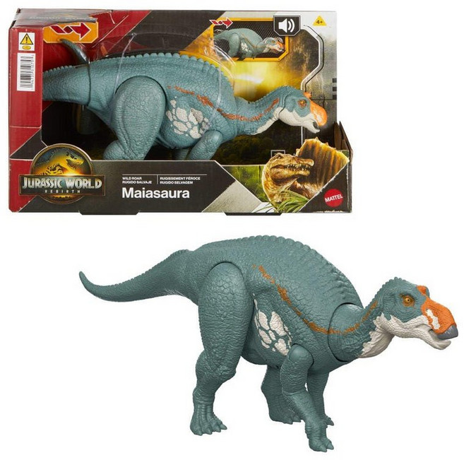 Mattel 쥬라기 월드 와일드 로어 브라차우체니우스 공룡 액션 피규어 장난감 씹는 공격 조명 기능 및 포효 사운드 디지털 플레이를 위한 스캔 코드 253363, Maiasaura