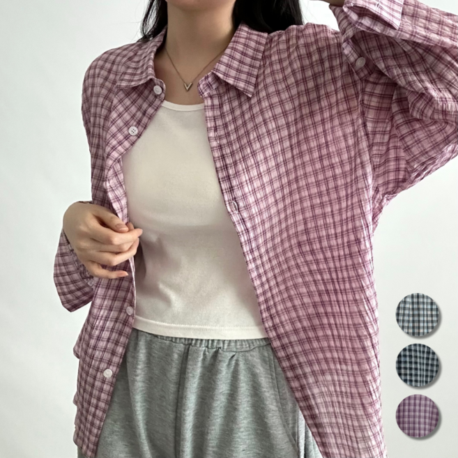 핏몬 여성 체크 루즈핏 구김없는 시어서커 박시 남방 롱 셔츠 55~77