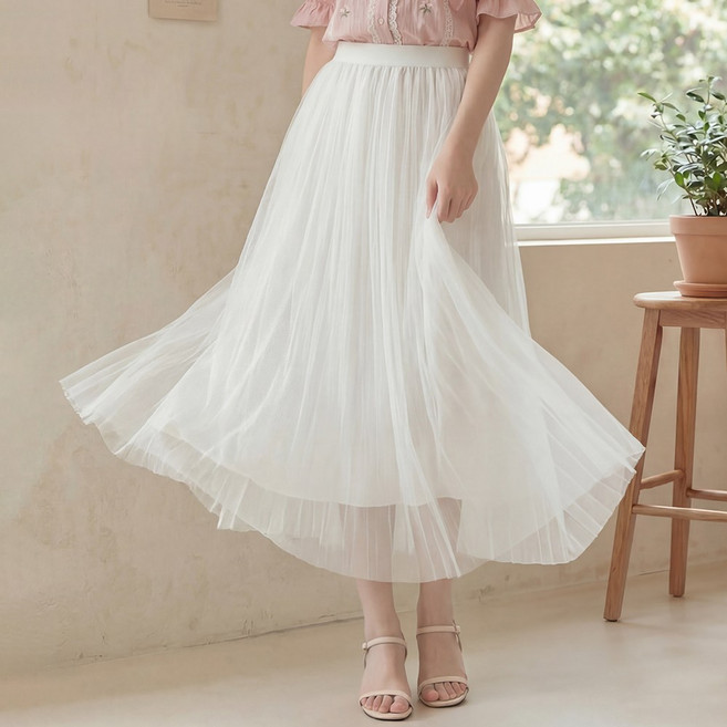 라뷰드 A라인 밴딩 플리츠 샤스커트 여성 사계절 플레어 치마 망사 레이어드 안감 롱스커트 투피스 주름 맥시 스커트