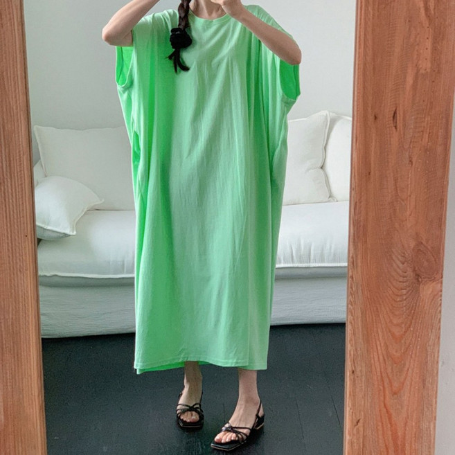 빅걸스토리 빅사이즈 가오리 소매 박스핏 반팔 롱 원피스