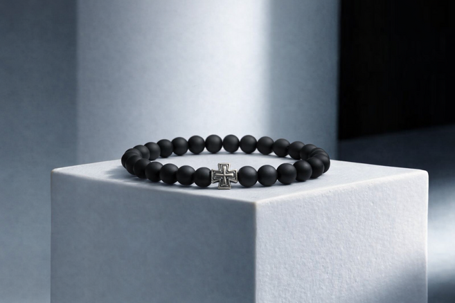 크롬 스타일 무광 오닉스 십자가 각인 1포인트 6mm 원석 순은 팔찌