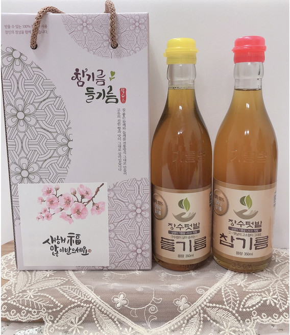 장수텃밭 [선물포장] 참기름+들기름 350ml, 참기름1병+덜볶은참기름1병, 1개