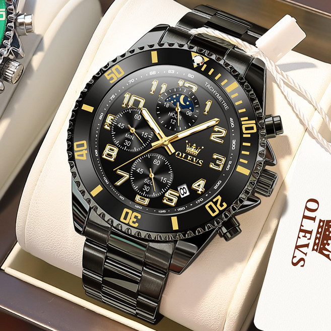 OLEVS 남자손목시계 정품 쿼츠 럭셔리 명품 워터프루프 야광 다기능 메탈시계
