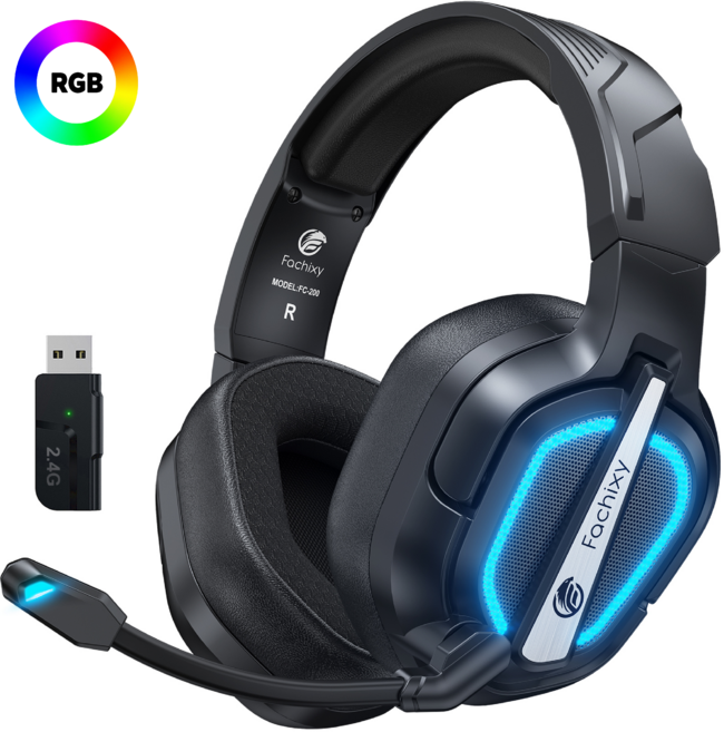 파치시 무선 게이밍 헤드셋 가상 7.1채널 2.4GHz 저지연 3D 사운드 RGB LED 노이즈 캔슬링 마이크, 올블랙, FC200