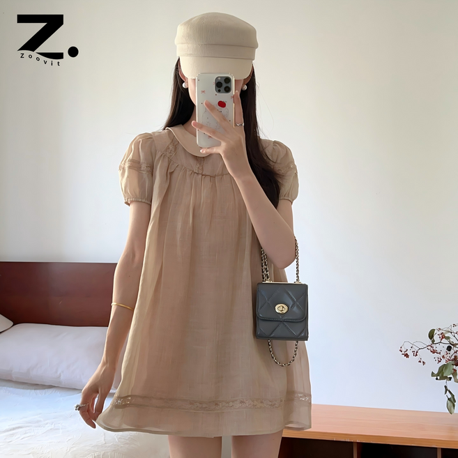 Zoovit 여름 터틀넥 미니 원피스 데일리 퍼프소매 주름 원피스