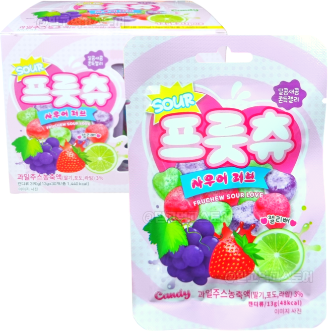 프룻츄 사우어러브 딸기 포도 라임 하트 모양 젤리 달콤 새콤 쫀득 간식, 30개, 13g