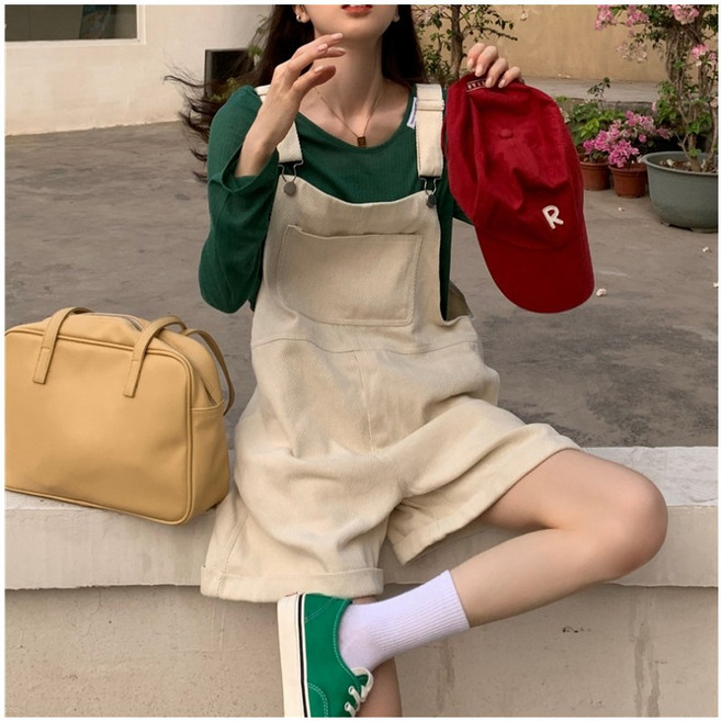 체인지쉬(change she)여성 캐주얼 심플 와이드 데님 멜빵 반바지