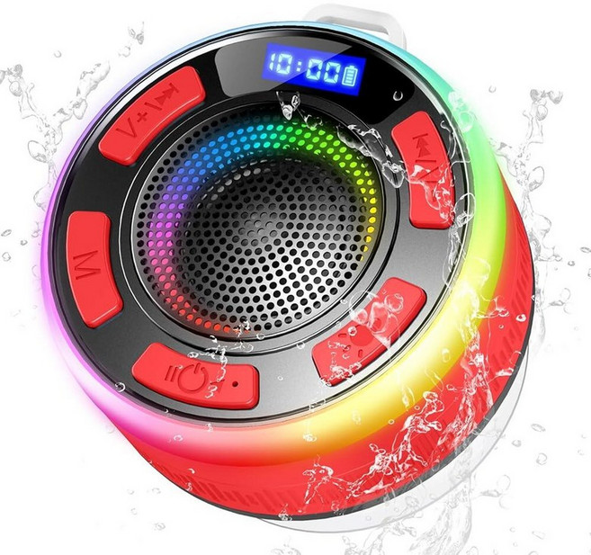 Shower Bluetooth Speaker IPX7 Waterproof Portable Bluetooth Speakers with Suction Cup and Time Di, Red