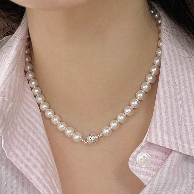 유얼모닝 실버925 자석 마감 스와로브스키 진주 목걸이 6mm/8mm