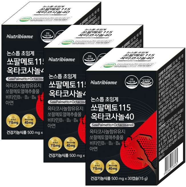 뉴트리바이옴 논스톱 초임계 쏘팔메토115mg 옥타코사놀 40mg 남성영양제 지구력 쏘팔 소팔 전립선 코사놀 영양제 로르산함유 남성활력 식약처인증, 3개, 30정