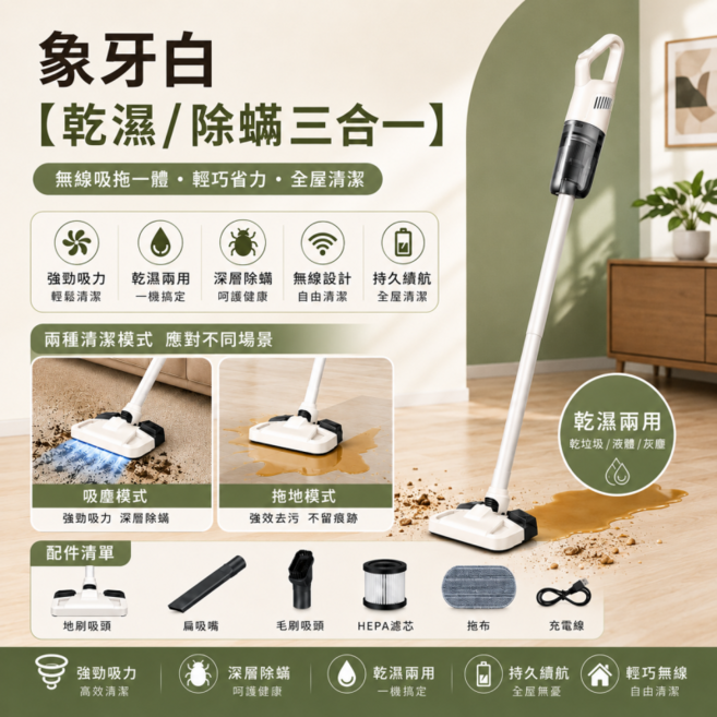可拖可吸 新款德國無線吸塵器 吸拖一體 無線吸塵器 手持拖地機 塵螨吸塵器, 頂配款象牙白, 吸拖一體+升級水箱帕大吸力