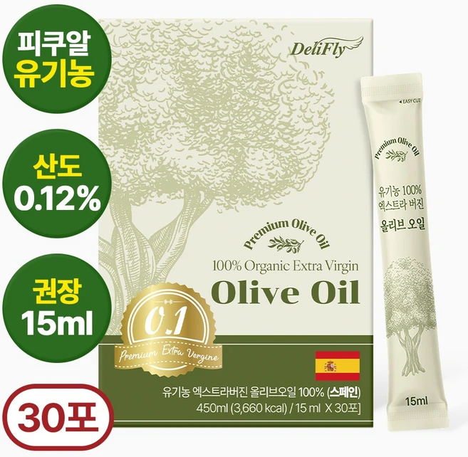 델리플라이 산도 0.12 유기농100% 프리미엄 엑스트라버진 폴리페놀 냉압착 올리브오일 스틱 30p, 1박스, 450ml - 쿠팡