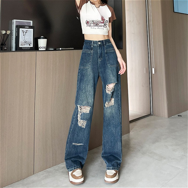 SAHINER 여성 데님 와이드 팬츠 찢어진 하이웨스트 캐주얼룩