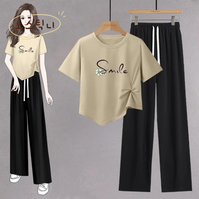 오스틱니 초특가 여성 여름 세트 티셔츠+바지 쿨링 통기성 라운드넥 데일리룩