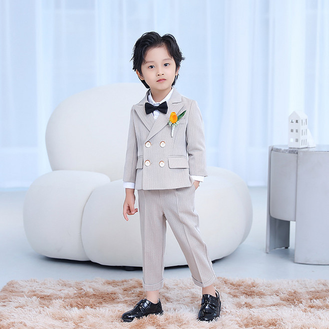 투버튼 베이지 정장 세트 투피스 5-17호 (자켓+바지+보타이+코사지) 아동 남아 어린이 키즈 초등학생 결혼식 하객 화동 행사 졸업 촬영 입학 생일 자켓 바지 상하 슈트 정장세트