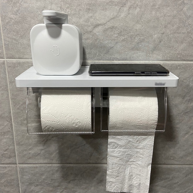 손할매 무타공 접착식 욕실 물튐방지 강력흡착 휴지걸이 2칸(30182) 화이트, 1개