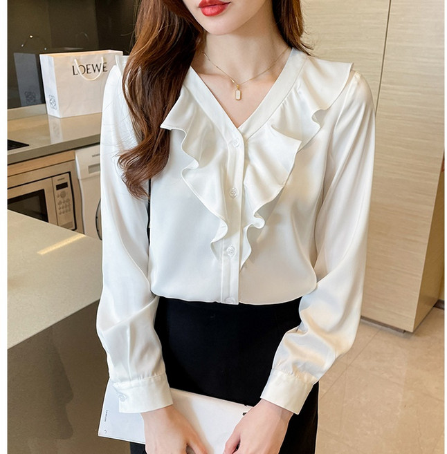 빨강몽키 봄 프렌치 플레어 프릴 브이넥 긴팔셔츠 블라우스