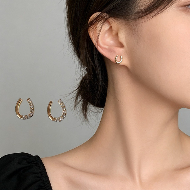 생활보물창고 귀안뚫는 골드 U형 크리스탈 미니 이어커프 원터치 귀찌 데일리