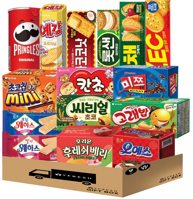 [YFRESH]사무실간식 종합 과자 세트 프링글스 예감 빠다코코낫 롯샌 야채크래커 제크 초코칩쿠키 크림웨하스 딸기웨하스 칸쵸 씨리얼 후레쉬베리 오예스 고래밥 미쯔, 1세트, 프링글스 예감 빠다코코낫 초코칩쿠키고래밥미쯔세트 15종