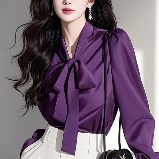 티티웍스 여성 부드러운 봄 가을 정장 리본 타이 긴팔 새틴 블라우스 하객룩 오피스룩 출근룩 상의