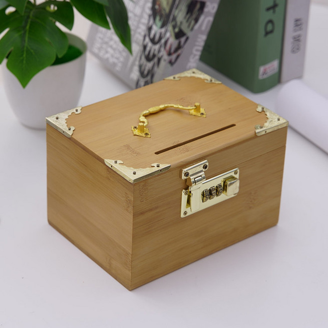 MORA 密碼鎖存錢筒成人百寶箱木製家用儲蓄罐木兒童簡約家居原木收納盒, 1個, 竹木色帶包邊:小號15X9.5X9.5CM